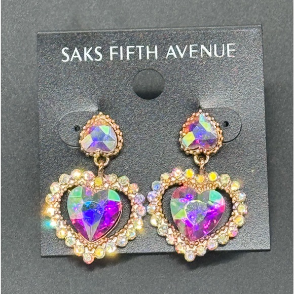 Elegant Saks Fifth Avenue AB Heart Crystal Post With Drop Crystal Heart Ear - Picture 7 of 9